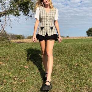 Vtg 80s 90s Reina Industries Plaid Vest Mock Layer Blouse Top Dark Academic 14